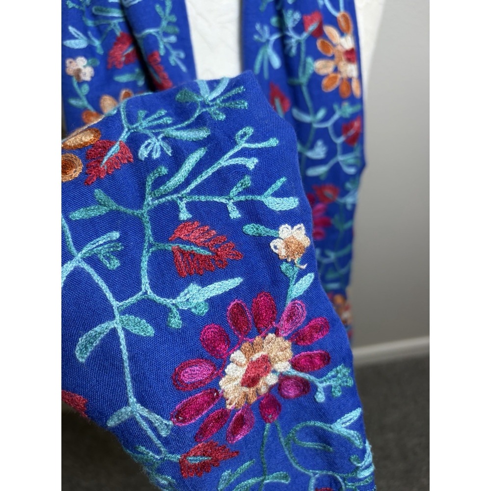 Embroidered Floral Blue Boho Scarf Shawl Wrap~36" x 64"~Soft Gypsy Festival - Picture 3 of 13